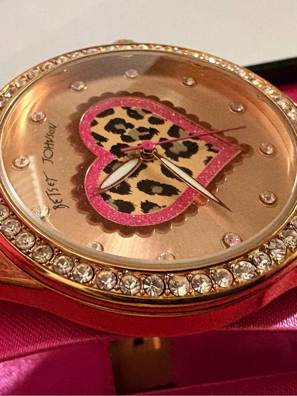 Betsey Johnson Gold Tone Watch with Pink Leopard Heart Dial
